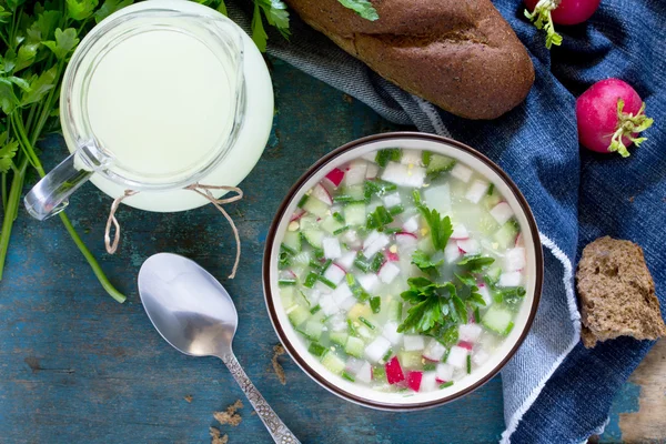 Supă rece de primăvară-vară cu legume cu ser, o tradiție — Fotografie, imagine de stoc