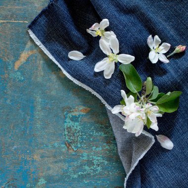 Üstten Görünüm ahşap bir masaya elma ağacı çiçek. Alan, t