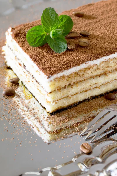 Homemade Italian dessert tiramisu with mint and coffee beans on