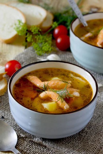 Tomato soup with red fish in a ceramic bowl on a napkin, tomatoe — Stock Photo, Image