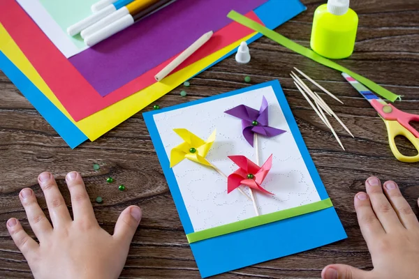 Greeting card handmade birthday, flowers and branches. Child sti — Stock Photo, Image