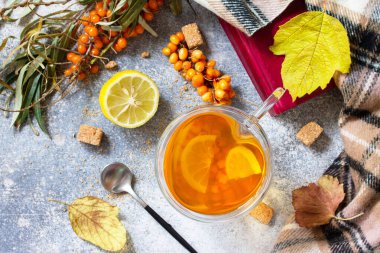 Sağlıklı sonbahar vitamin içeceği. Taştan bir tezgahın üstünde taze deniz dikenli üzümlü limonlu sıcak deniz dikenli çay. Üst görünüm düz arkaplan.