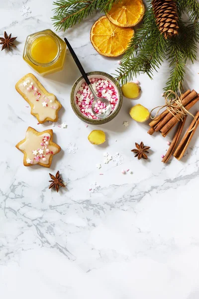 Gingerbread Christmas Baking Seasoning Honey Cinnamon Anise Ginger Marble Countertop — Stock Photo, Image