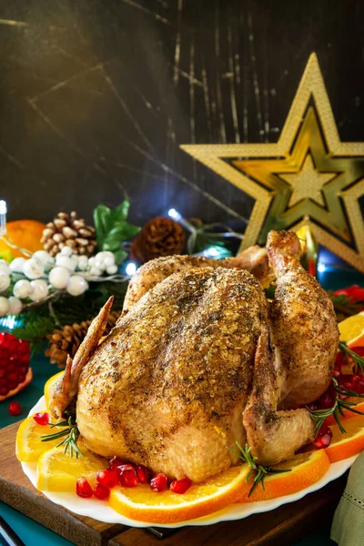 Christmas dinner, winter Holiday table. Baked turkey with spice. Copy space.