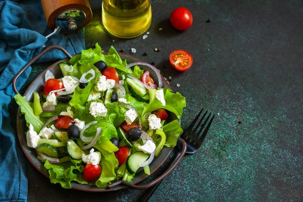 Zdrowa Dieta Grecka Sałatka Sera Feta Świeży Ogórek Pomidor Słodka — Zdjęcie stockowe
