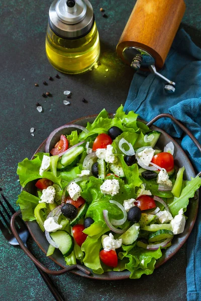 Cibo Dieta Sana Insalata Greca Formaggio Feta Cetriolo Fresco Pomodoro — Foto Stock