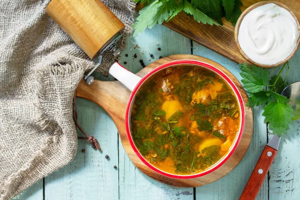 Ortiga Fresca Casera Sopa Carne Servida Con Crema Agria Sobre — Foto de Stock