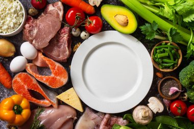 Ketogenik diyet konsepti, sağlıklı yiyecekler için malzemeler. Çeşitli dengeli yararlı bileşenler sağlıklı düşük karbonhidratlı gıdalar. Uzayı kopyala En üstteki düz yerde. Boşluğu kopyala.