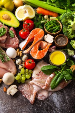Ketogenik diyet konsepti, sağlıklı yiyecekler için malzemeler. Çeşitli dengeli yararlı bileşenler sağlıklı düşük karbonhidratlı gıdalar. Boşluğu kopyala. 