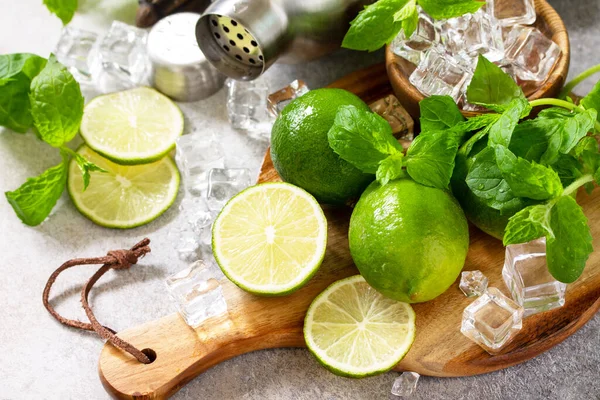 Refrescante Coctel Frío Verano Mojito Menta Lima Ingredientes Hielo Utensilios — Foto de Stock