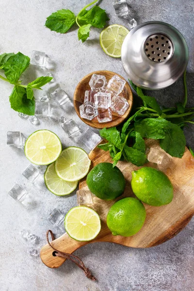 Refrescante Coctel Frío Verano Mojito Menta Lima Ingredientes Hielo Utensilios — Foto de Stock