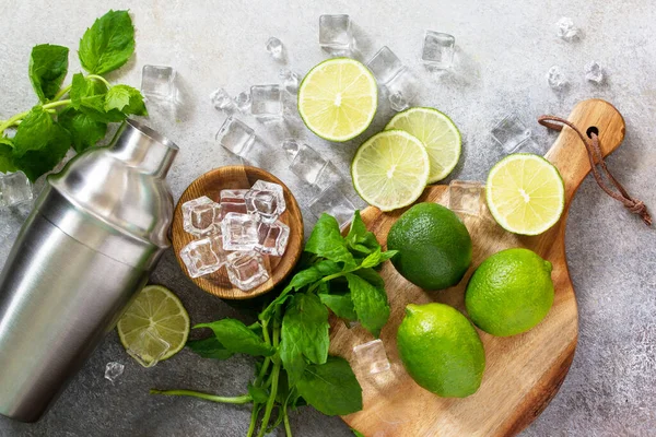 Rafraîchissant Froid Été Mojito Cocktail Fabrication Menthe Lime Ingrédients Glacés — Photo