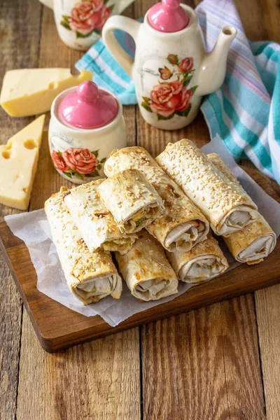 Breakfast Picnic Lunch Snack Concept Lavash Roll Cottage Cheese Cheese — Stock Photo, Image