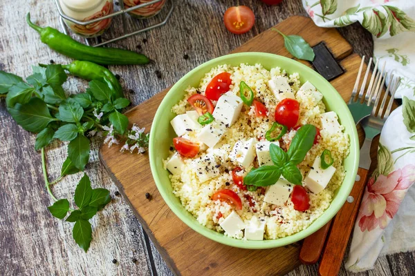 Concetto Dieta Alimentare Insalata Tabbouleh Insalata Couscous Con Formaggio Feta — Foto Stock