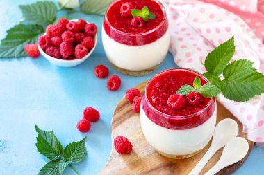 İtalyan tatlısı. Ahudududulu panna cotta ve ahududu reçeli bir taş ya da beton arka planda, ev yapımı mutfak. Boşluğu kopyala.