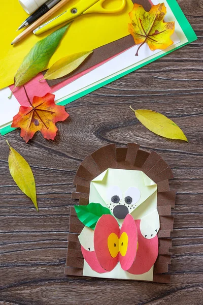 Autumn Greeting Postcard Hedgehog Apple Wooden Table Handmade Project Children — Stock Photo, Image