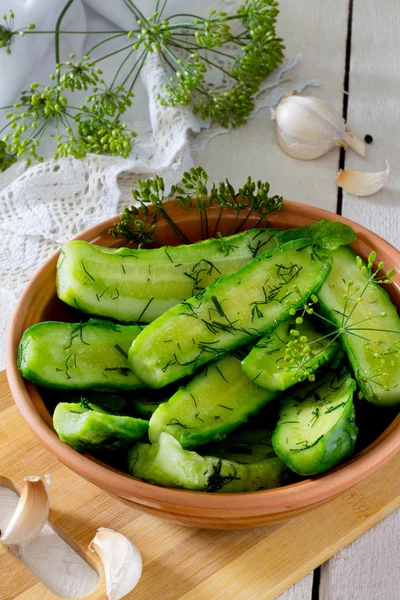 Pepinos frescos en escabeche con eneldo y ajo — Foto de Stock