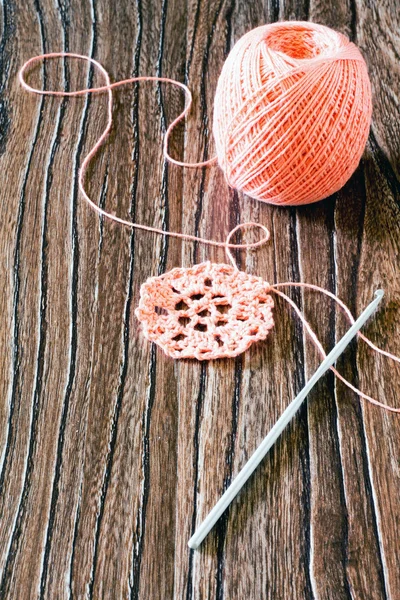 Cotton yarn and hook. Needlework accessories. — Stock Photo, Image