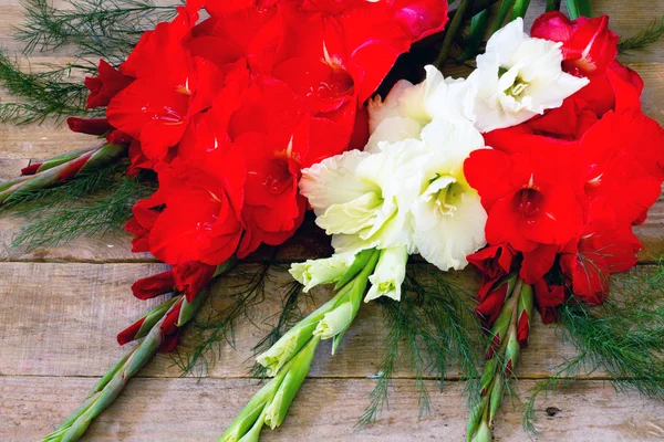 Virágok piros és fehér kardvirág, egy fából készült asztal — Stock Fotó