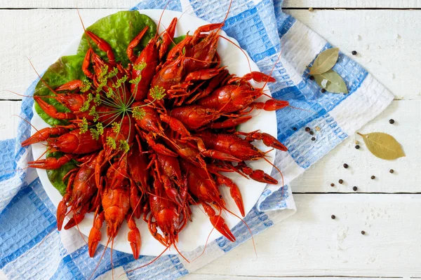 Ahşap bir masa üzerine dereotu ile haşlanmış kerevit