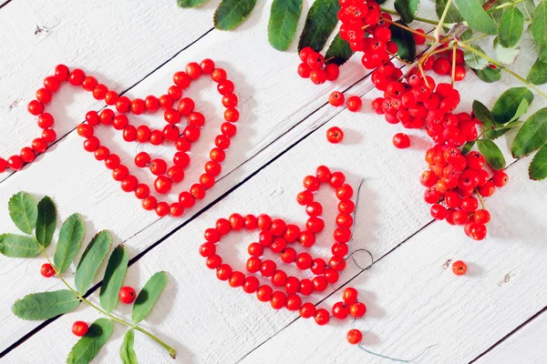 Rowan beads and a branch of a mountain ash on a white wooden bac — Stock Photo, Image