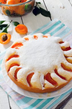 Beyaz ahşap zemin üzerinde kayısı ile sünger kek