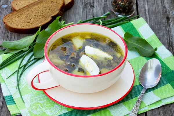 Sopa de azeda com ovo e verdes em um fundo de madeira — Fotografia de Stock