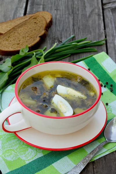 Šťovík polévka s vejcem a zelení na dřevěné pozadí — Stock fotografie