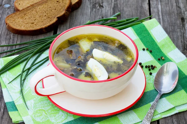 Sopa de acedera con huevo y verduras sobre fondo de madera —  Fotos de Stock