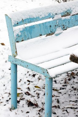 Tablolar ve ilk kar altında Bahçe Banklar