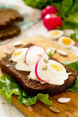 Yumurta, turp, kabak çekirdeği ve ekşi krema, s ile tost sandviç