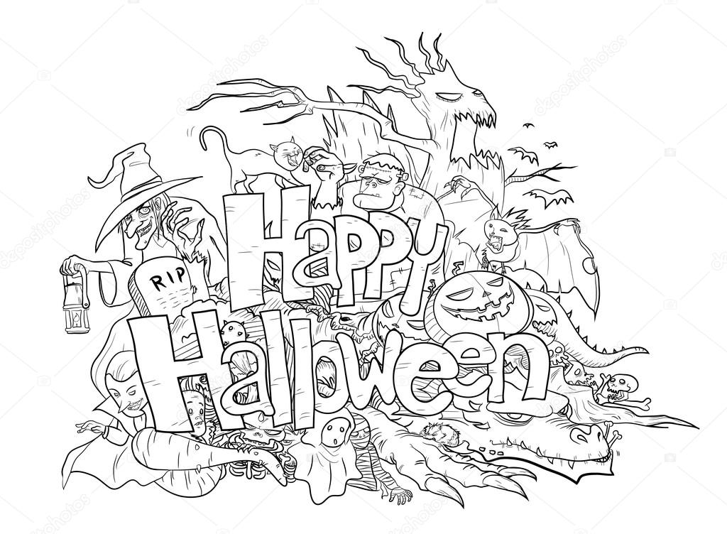 A hand drawn doodle illustration of Happy Halloween theme in black and white, filled with Halloween themed creatures and characters, isolated on a white background.