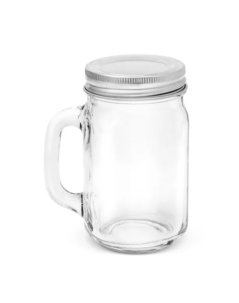 白い背景がある上に孤立にアルミ キャップ付き透明なガラス瓶 — ストック写真