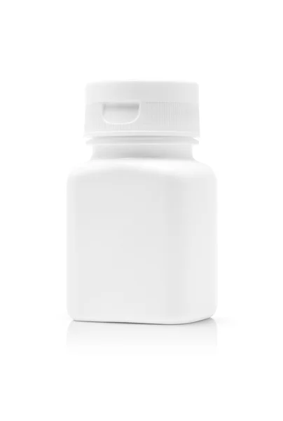 Embalagem em branco medicamento frasco de plástico isolado sobre fundo branco — Fotografia de Stock