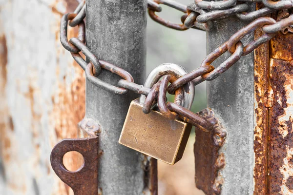 Vintage rusty gate with locked master key and chain — Stock Photo, Image