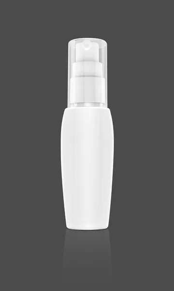 Puste opakowania butelki kosmetyczne na białym tle na szarym tle — Zdjęcie stockowe