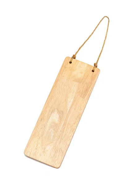 Étiquette suspendue en bois avec corde isolée sur fond blanc — Photo