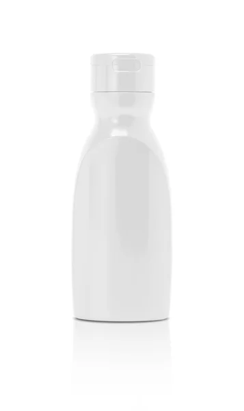 Boş ambalaj ketçap sos şişesi üzerinde beyaz adam izole — Stok fotoğraf
