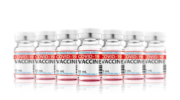 Covid Vaccins Flessen Met Etiket Geïsoleerd Witte Achtergrond Klaar Voor — Stockfoto