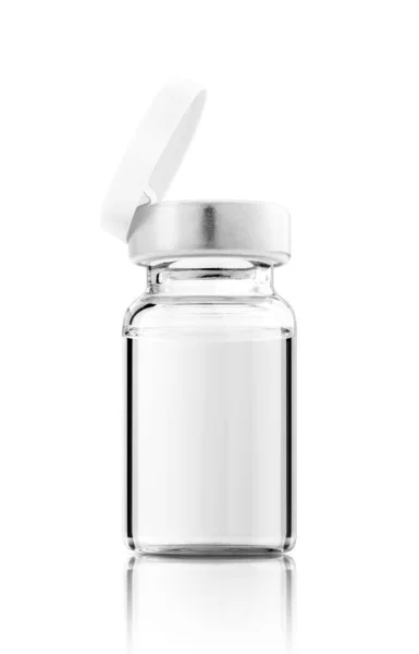 Otwarta Butelka Szczepionki Modelowania Etykiet Wyizolowana Białym Tle Ścieżką Wycinania — Zdjęcie stockowe