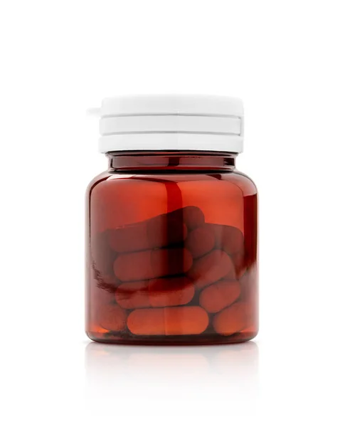 Boş Ambalaj Kahverengi Plastik Şişe Takviye Veya Vitamin Kapsülleri Ile — Stok fotoğraf