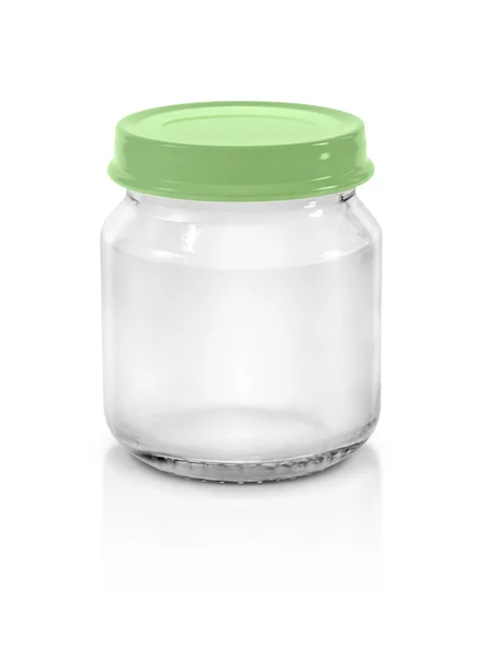 Прозора скляна пляшка з зеленою пастельною кришкою ізольована на білому тлі — стокове фото