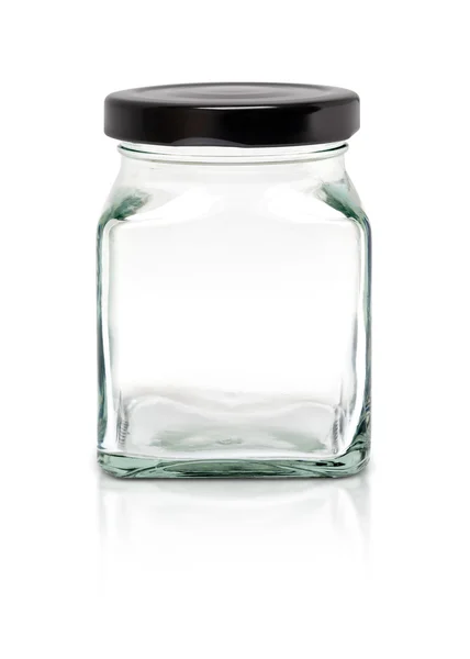 Clear cubic glass bottle with black aluminium cap isolated on white background — Stock Photo, Image