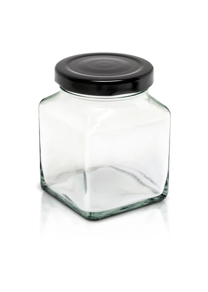 Clear cubic glass bottle with black aluminium cap isolated on white background — Stock Photo, Image