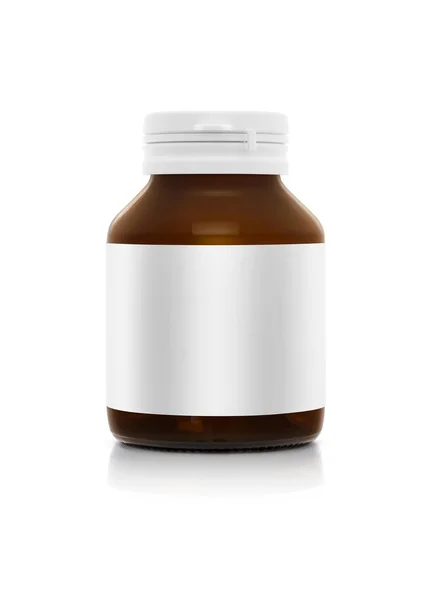 Puste brązowe suplement prroduct butelki z białą etykietą na białym tle — Zdjęcie stockowe