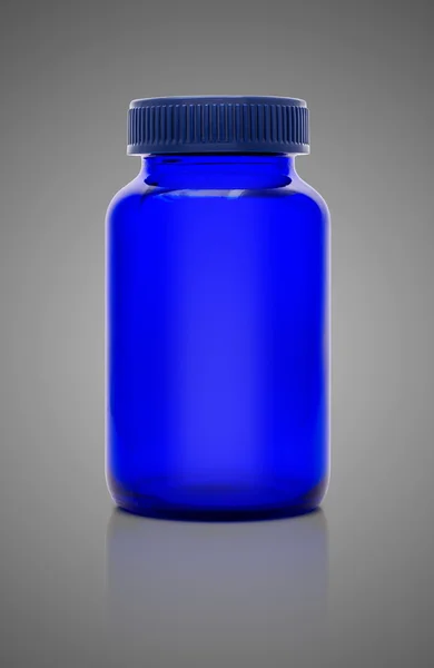Frasco de vidro azul em branco do produto do suplemento isolado no fundo cinzento — Fotografia de Stock