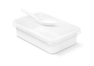 Gıda ve plastik kaşık beyaz arka plan üzerinde izole için boş ambalaj plastik kutu