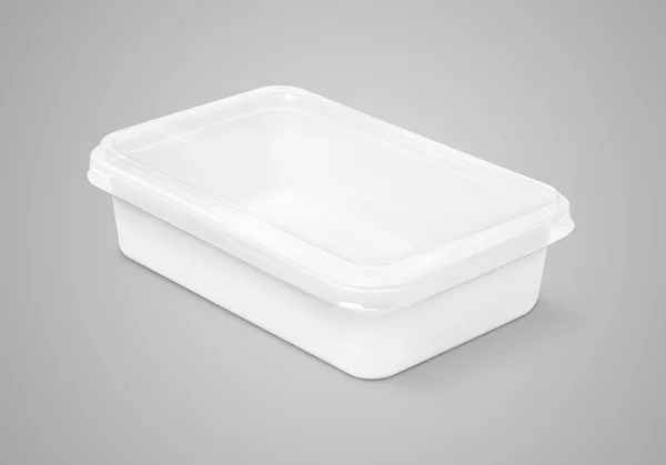Caixa de plástico de embalagem em branco para alimentos isolados em fundo cinza — Fotografia de Stock