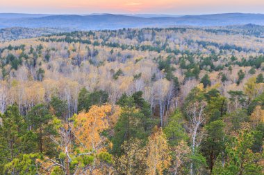 Ormanın içinde dağ, altın sonbahar günbatımı, altın düşme günbatımı tepesinden görüntülemek