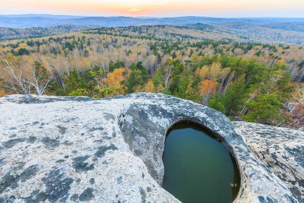 view from the top of mountain, golden autumn sunset, golden fall sunset in the forest